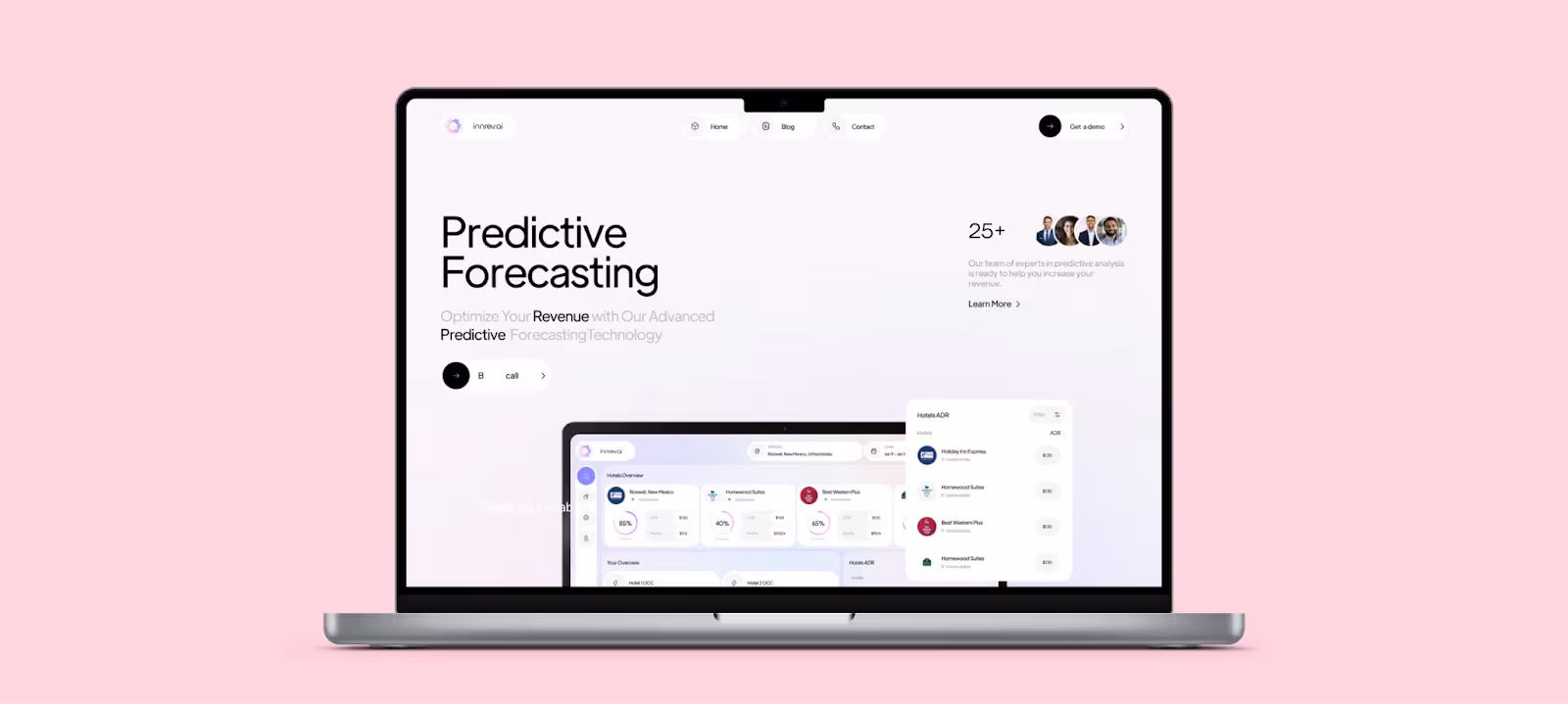 Laptop screen displaying a website offering predictive forecasting services. The site is minimalistic, with a pastel pink background and smiling team photos.