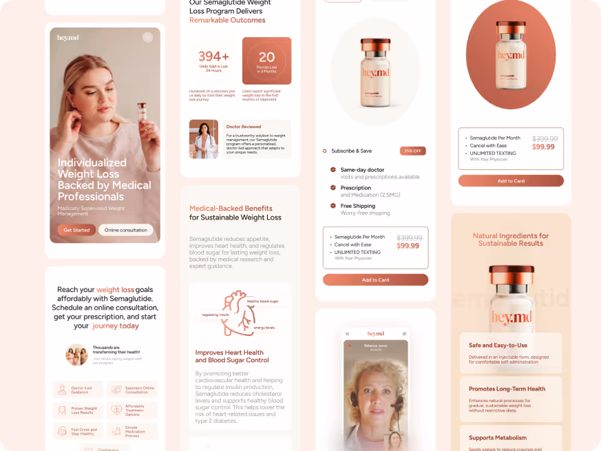 Promotional flyer for a weight loss program using Semaglutide, highlighting medical backing, affordable prices, and easy subscription options. Features product images, benefits such as heart health and blood sugar control, doctor consultations, and user testimonies.