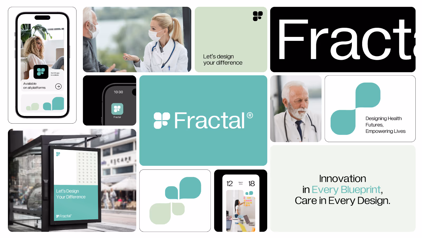 Collage of healthcare-themed images and tech elements. Features doctors, a mobile app interface, and “Fractal” branding with phrases about innovation.
