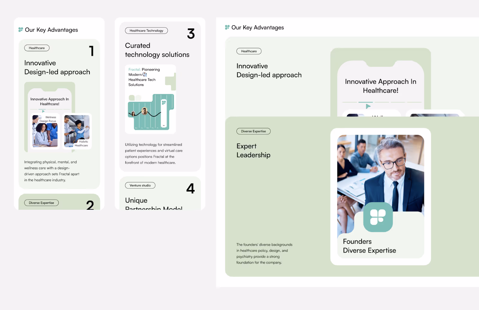 Two infographic panels highlight key advantages of Fractal, including innovative design-led approach, expert leadership, curated tech solutions, and unique partnership model, emphasizing healthcare innovation and diverse expertise.