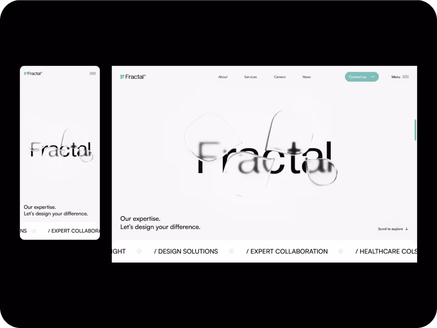 Side-by-side comparison of a website on mobile and desktop. The white background features the 'Fractal' logo with abstract overlays. Navigation links for About, Services, and more are at the top, with 'Contact us' button in green. Text below reads 'Our expertise. Let’s design your difference.'