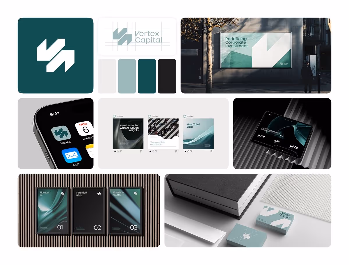 Modern branding design for Vertex Capital featuring a teal and white color scheme. Includes digital mockups, signage, and business cards. 
