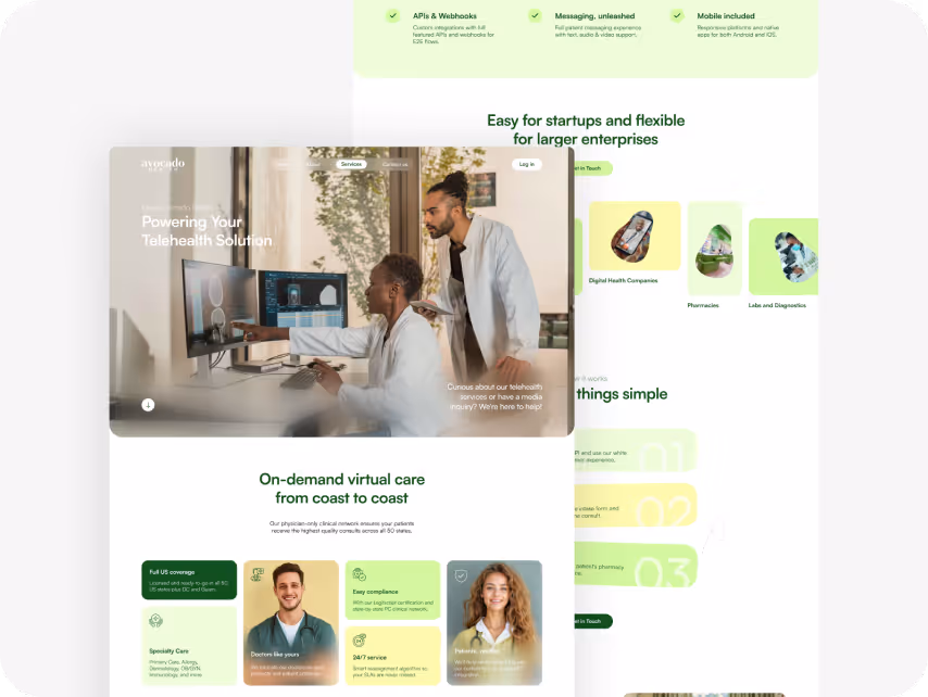 Website mockup featuring a telehealth solution. Central image shows a diverse team using a computer. Below are sections highlighting virtual care, service features with smiling professionals, and icons indicating easy integration for startups and enterprises. 