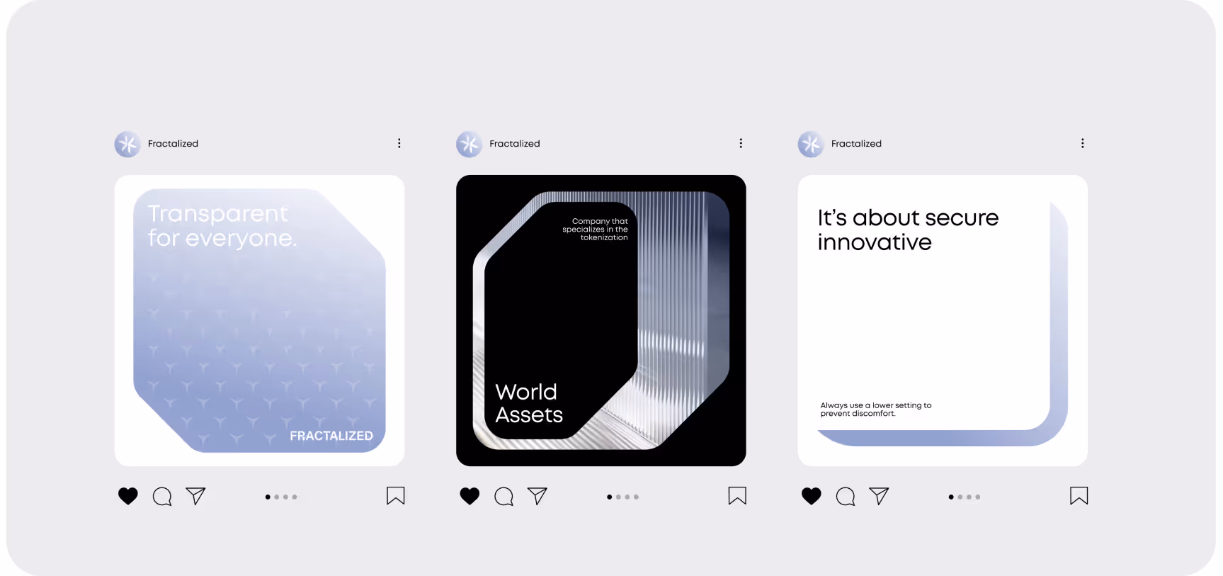 Three Instagram-style posts with consistent branding. Left: "Transparent for everyone" in light blue. Center: "World Assets" on a black, modern abstract shape. Right: "It's about secure innovative" in minimalist design.