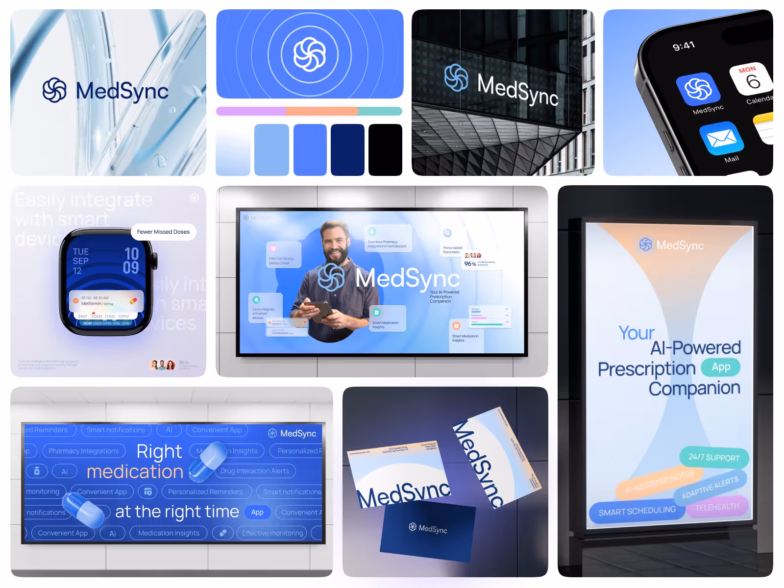 Collage showcasing MedSync branding with a modern, sleek theme. Features app icon, watch notifications, promotional text, and a cheerful man.