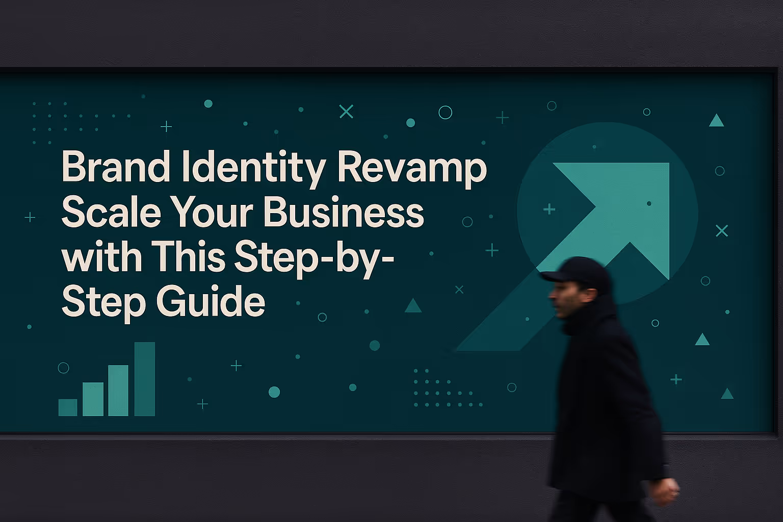 A man walks past a dark teal billboard displaying the text "Brand Identity Revamp: Scale Your Business with This Step-by-Step Guide," with arrow and bar chart icons.