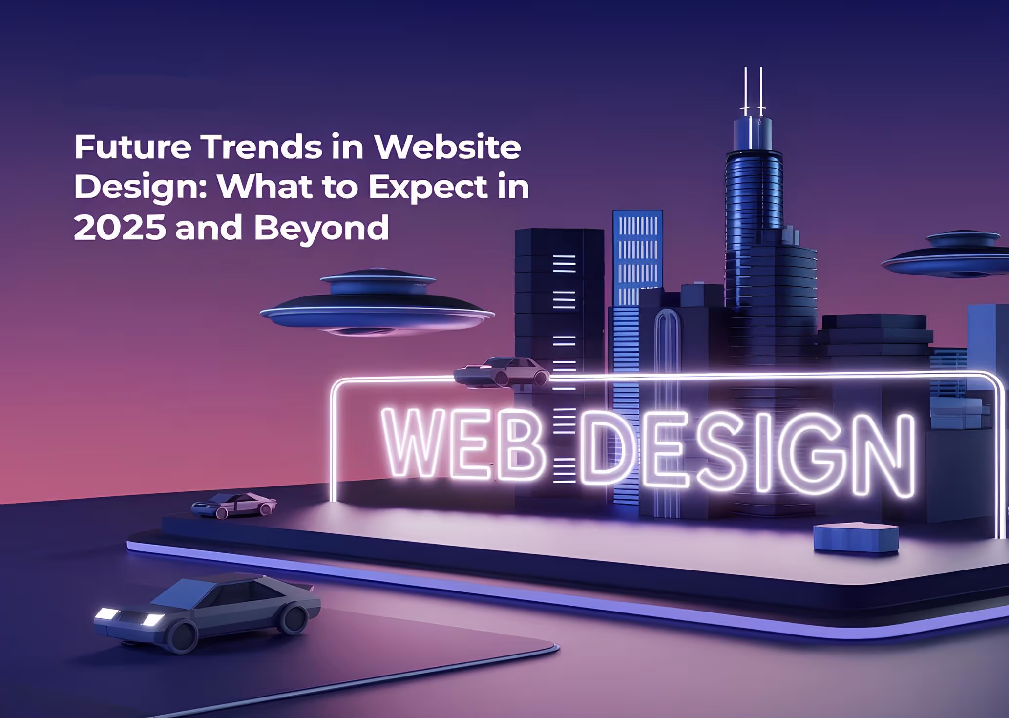 Futuristic cityscape with skyscrapers and digital screens, featuring a floating brain and a train above a microchip. Text: "Future Trends in Website Design: What to Expect in 2025 and Beyond."