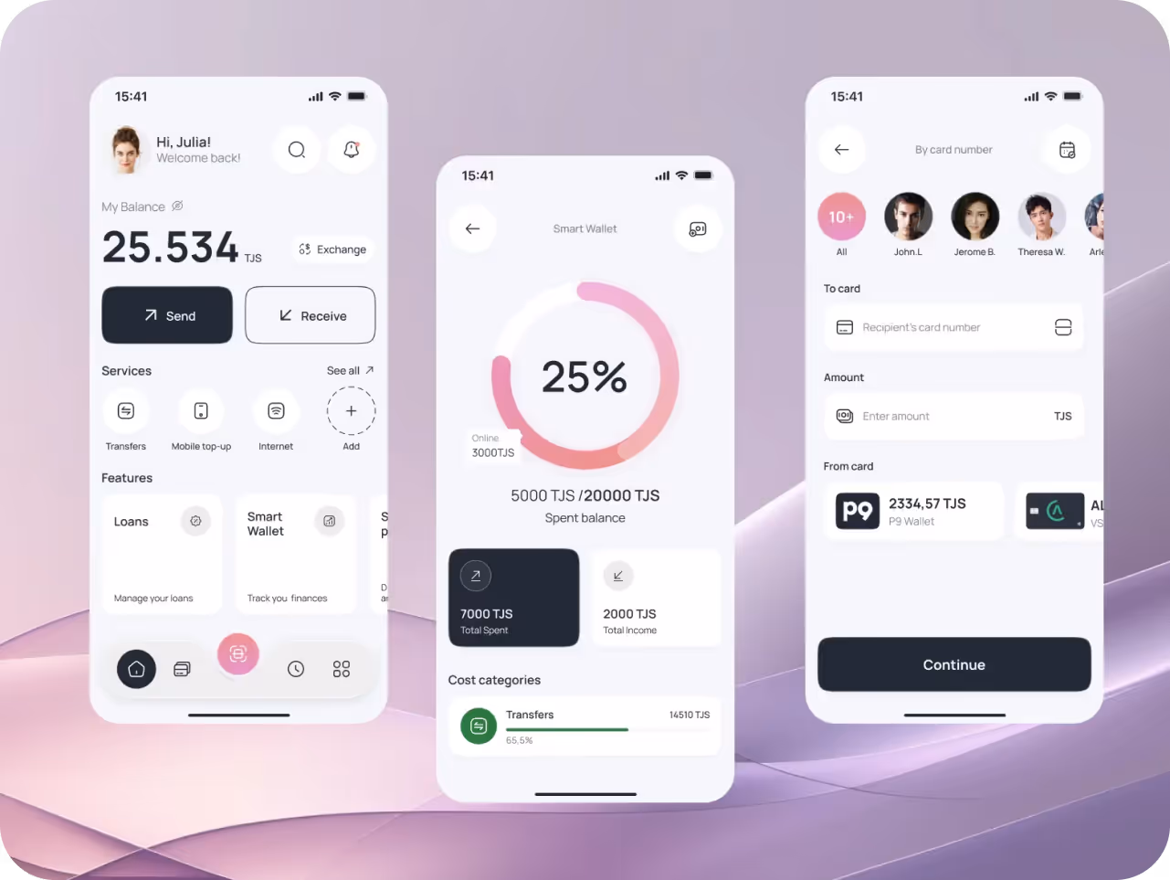 Three smartphone screens displaying a finance app. The first screen shows balance, send/receive buttons, and service options. The middle screen features a circular progress chart indicating 25% of a budget used. The last screen displays transfer details with recipient and amount fields. 