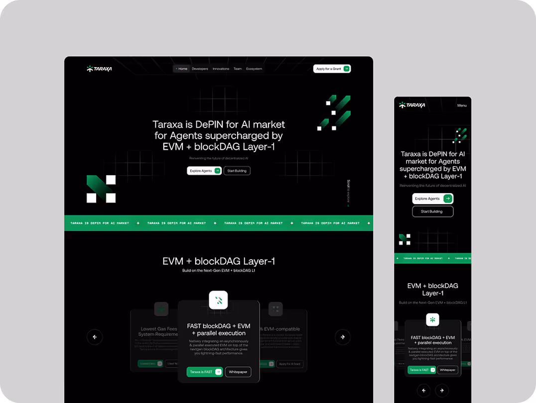Taraxa website interface showcasing a black and green theme, emphasizing AI and blockchain technology with the headline 'Taraxa is DePIN for AI market.' Key options include 'Explore Agents' and 'Start Building.'
