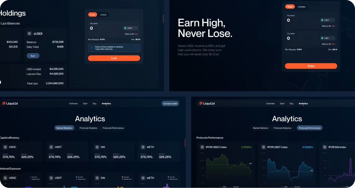 Dark-themed financial interface showcasing crypto holdings and analytics. Features balance, yield information, and performance graphs. Text reads, "Earn High, Never Lose."