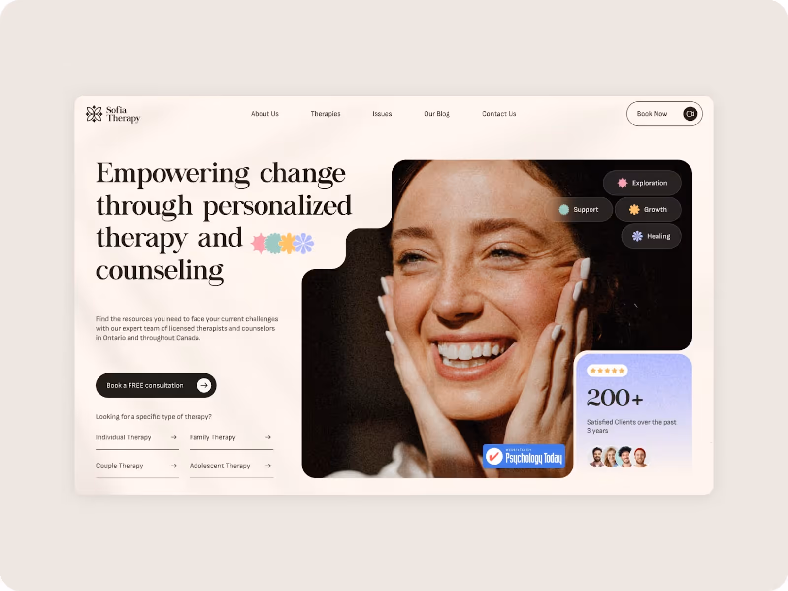 Website homepage for Sofia Therapy featuring a smiling woman. Text reads "Empowering change through personalized therapy and counseling." Buttons offer booking and therapy options.