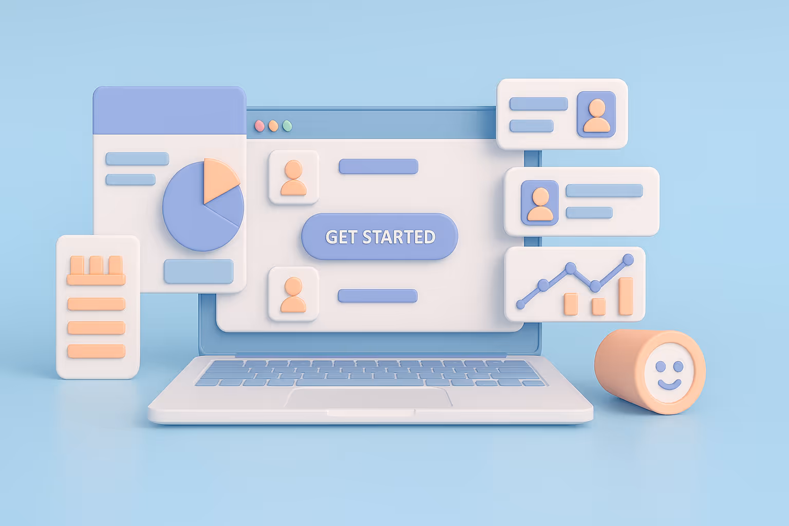 3D illustration of a laptop with a "Get Started" button on screen, surrounded by charts, graphs, user icons, and a smiling face on a cylinder.