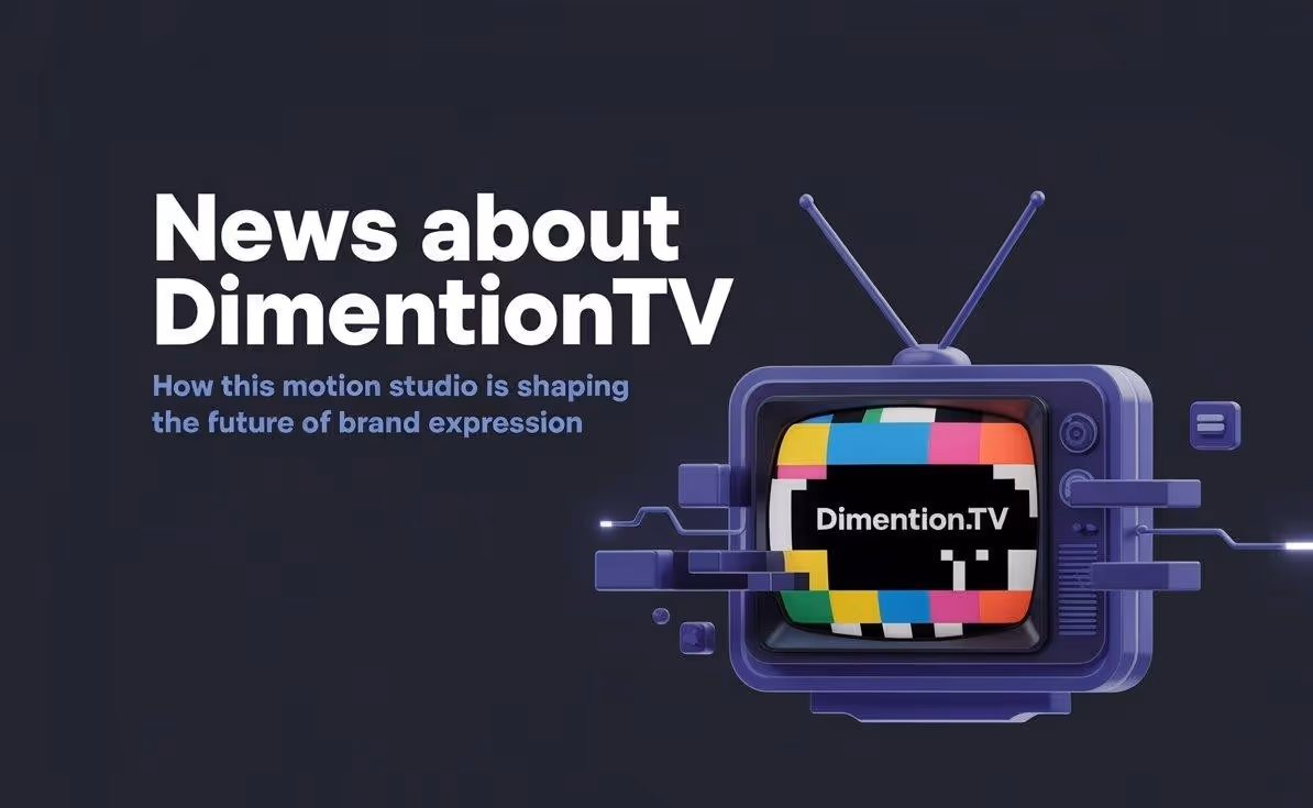 A retro-style TV with colorful test pattern displays "Dimention.TV" on screen. Text reads "News about DimentionTV" on dark background. Tone is modern and techy.
