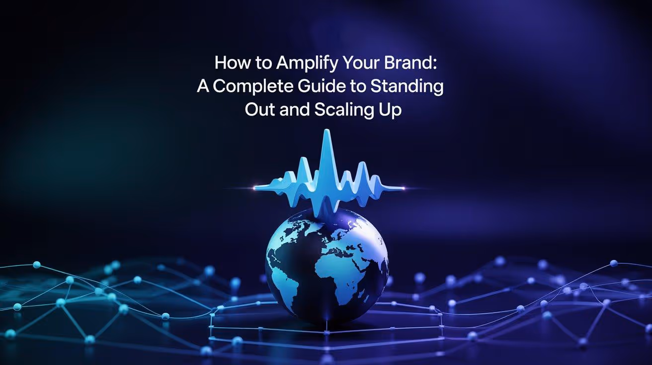 Geometric neon arrow pointing up on a dark background with glowing grid pattern. Text reads "How to Amplify Your Brand: A Complete Guide."