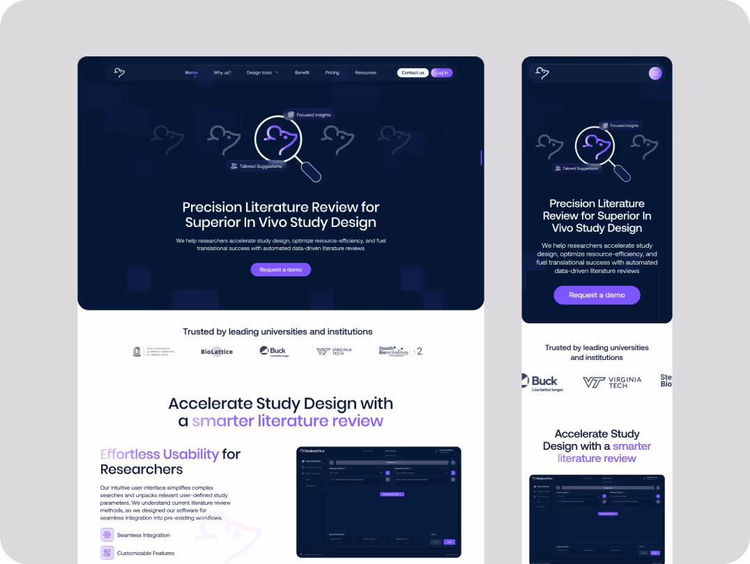 Website homepage mockup shows a sleek design for a literature review tool, focused on enhancing study design. Features include tailored suggestions, a demo button, and partnership logos.