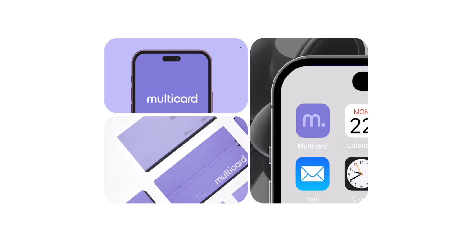 Collage featuring a smartphone screen with a purple "multicard" logo, an app icon with "m." in purple, and matching purple business cards. Modern and sleek.
