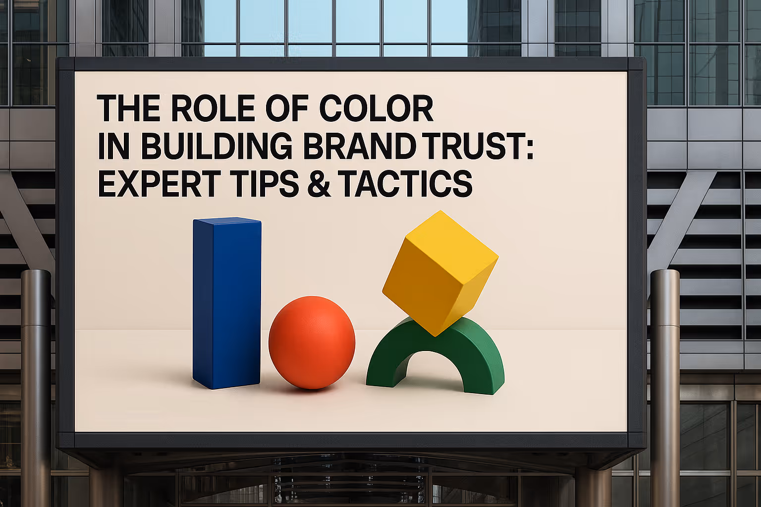A billboard in a modern city displays the text "The Role of Color in Building Brand Trust: Expert Tips & Tactics," alongside colorful geometric shapes.