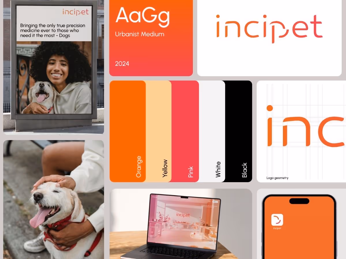 Collage featuring a woman with a dog, "Incipet" branding, urbanist font, vivid color swatches, and laptop with open website. Emphasizes pet precision care.