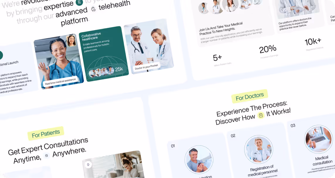 The image features a telehealth platform interface showing friendly doctors, collaborative healthcare stats, patient consultations, and service growth metrics.