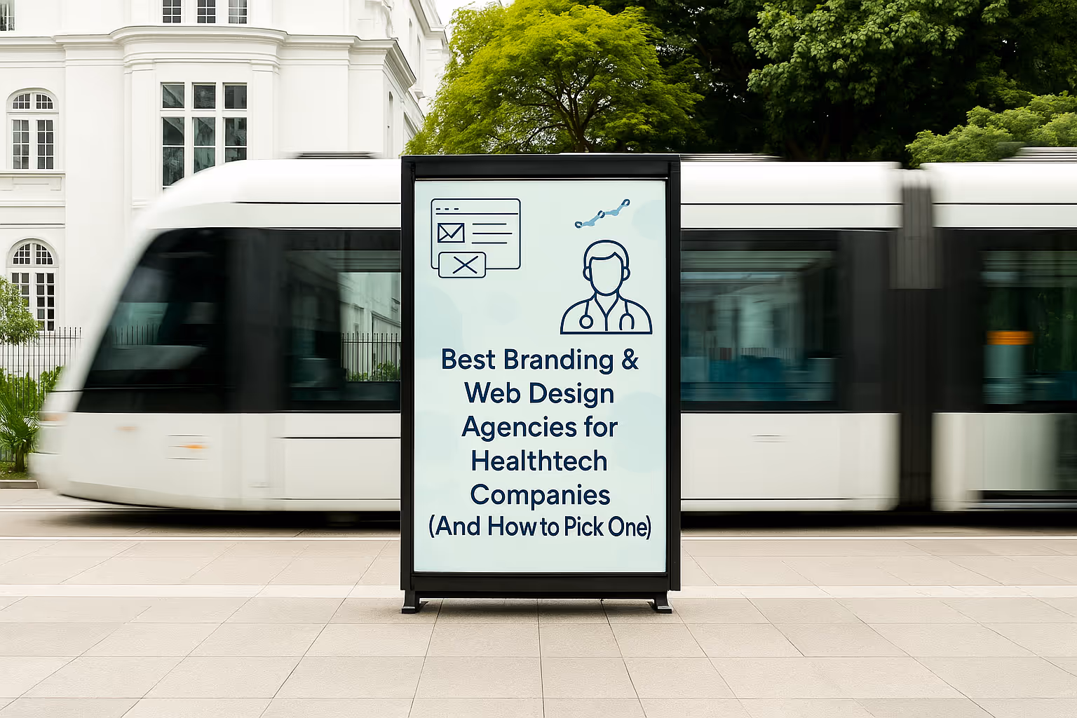 A modern tram passes by a sidewalk ad poster. The poster promotes branding and web design agencies for healthtech companies. Lush greenery and a white building frame the scene.
