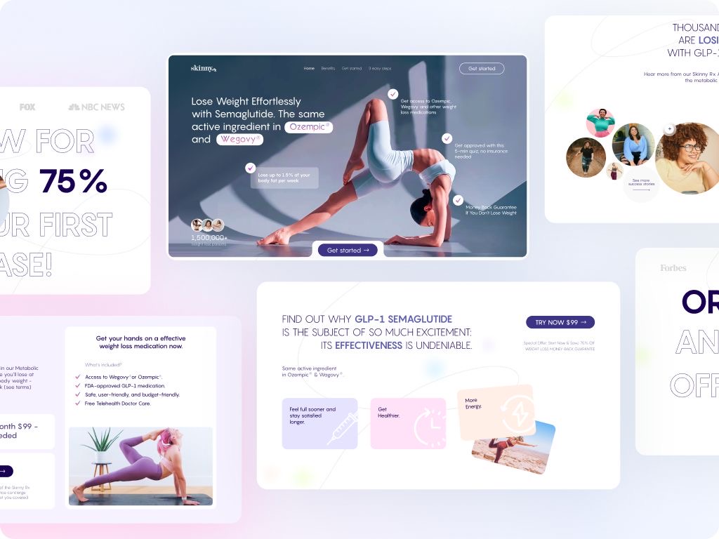 A series of sleek, modern weight loss ads showcases various health benefits of Semaglutide. Minimalistic design, pastel colors, and positive lifestyle imagery.