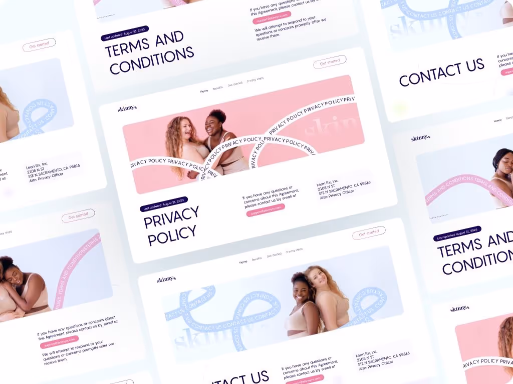 A collage of website pages featuring diverse women smiling. Text includes "Terms and Conditions," "Privacy Policy," and "Contact Us," with pastel color accents.