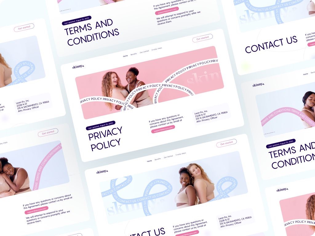 A collage of website pages featuring diverse women smiling. Text includes "Terms and Conditions," "Privacy Policy," and "Contact Us," with pastel color accents.
