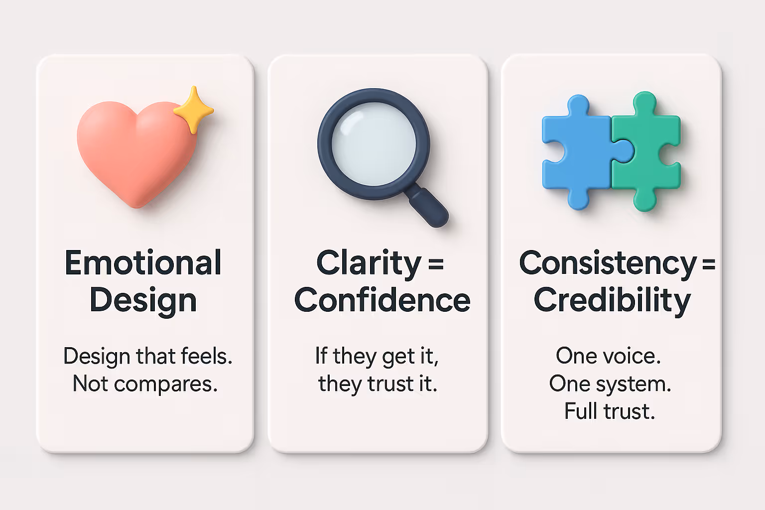 Three panels illustrating concepts: A heart for "Emotional Design," a magnifying glass for "Clarity = Confidence," and puzzle pieces for "Consistency = Credibility."