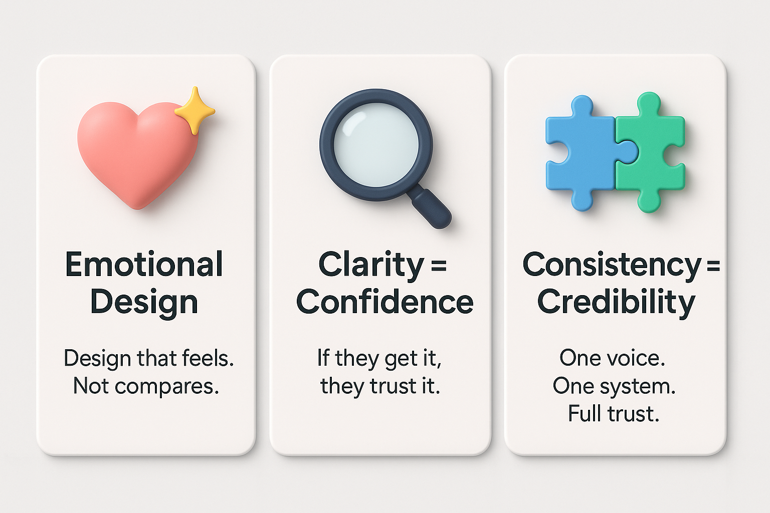 Three panels illustrating concepts: A heart for "Emotional Design," a magnifying glass for "Clarity = Confidence," and puzzle pieces for "Consistency = Credibility."