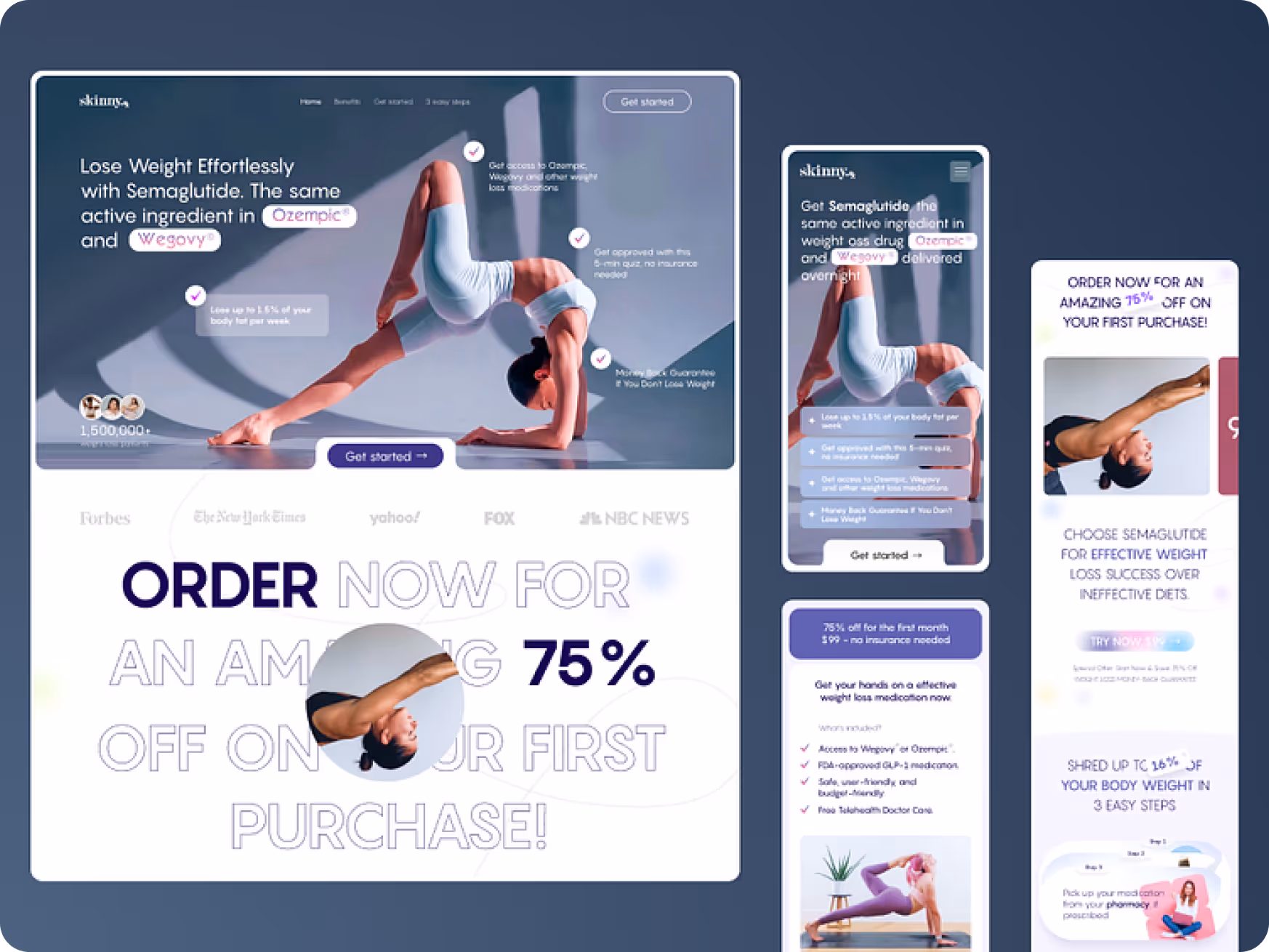 A collage with a dark background features a yoga pose and promotional text for a weight loss product. Bold text highlights a 75% discount offer.