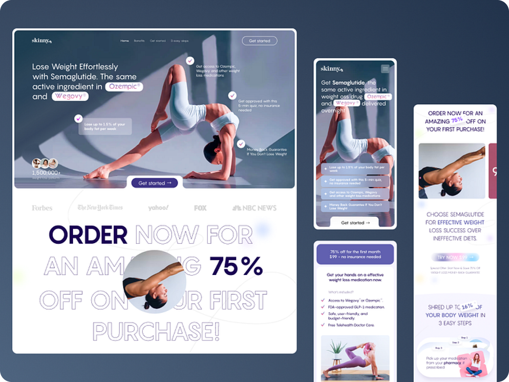A collage with a dark background features a yoga pose and promotional text for a weight loss product. Bold text highlights a 75% discount offer.