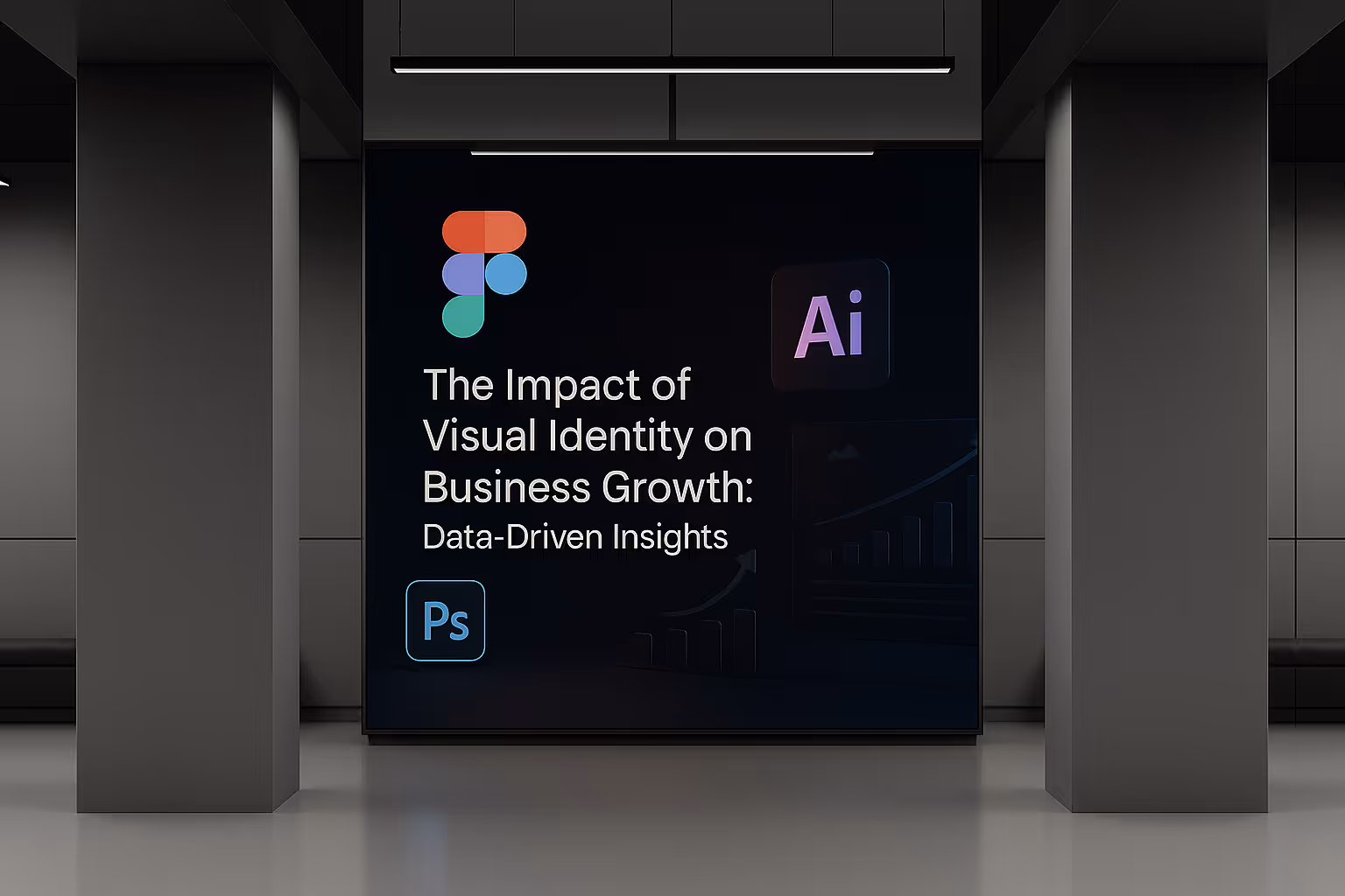 Large poster in a dimly lit room featuring the text "The Impact of Visual Identity on Business Growth: Data-Driven Insights" with Figma, Photoshop, and Illustrator logos.