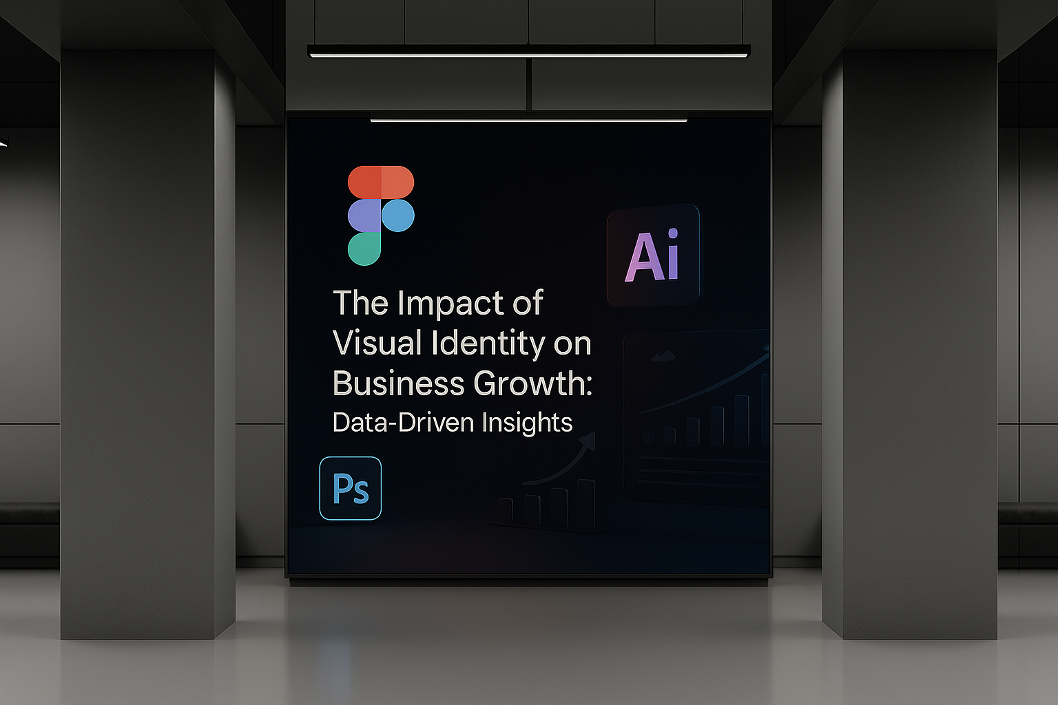 Large poster in a dimly lit room featuring the text "The Impact of Visual Identity on Business Growth: Data-Driven Insights" with Figma, Photoshop, and Illustrator logos.