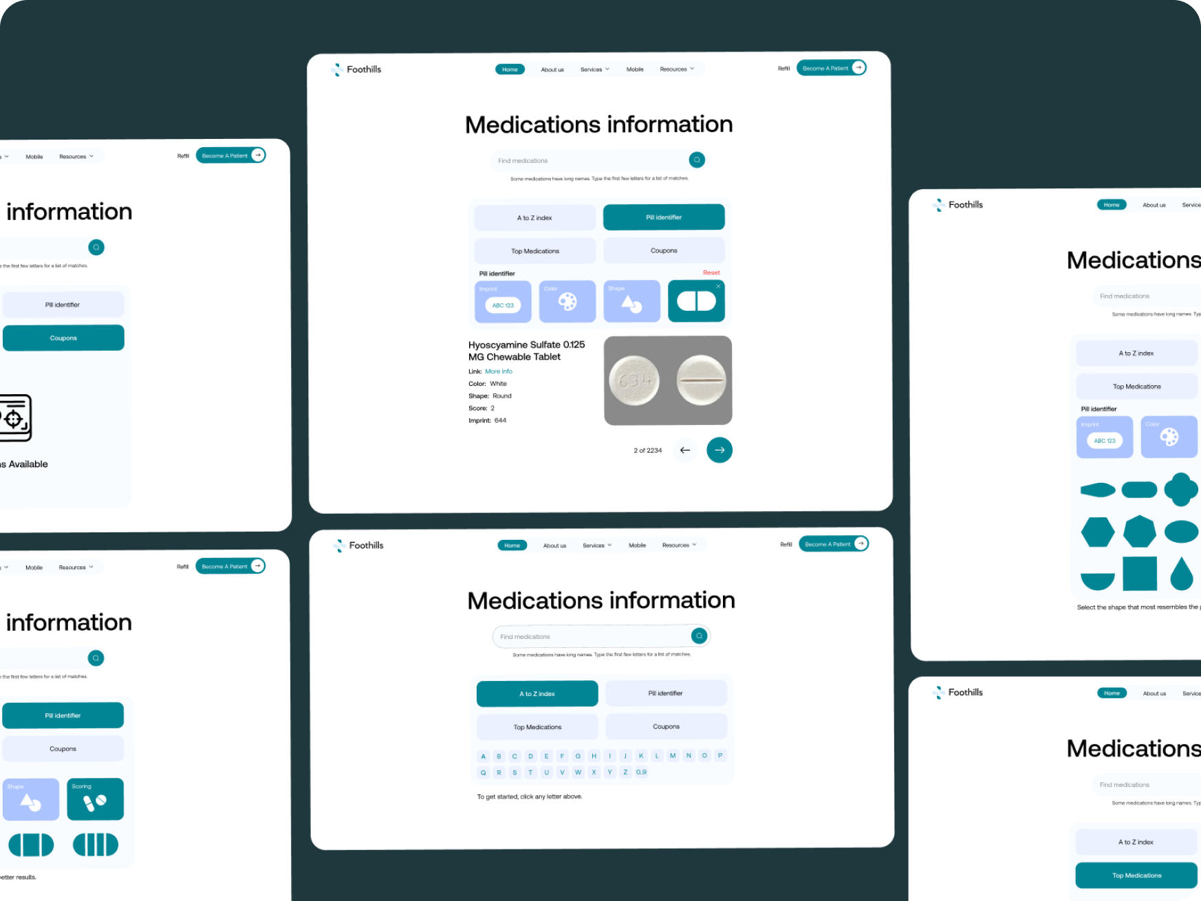 Collage of medication information screens with pill identifiers, search functions, and options for color and shape selection on a medical website interface.