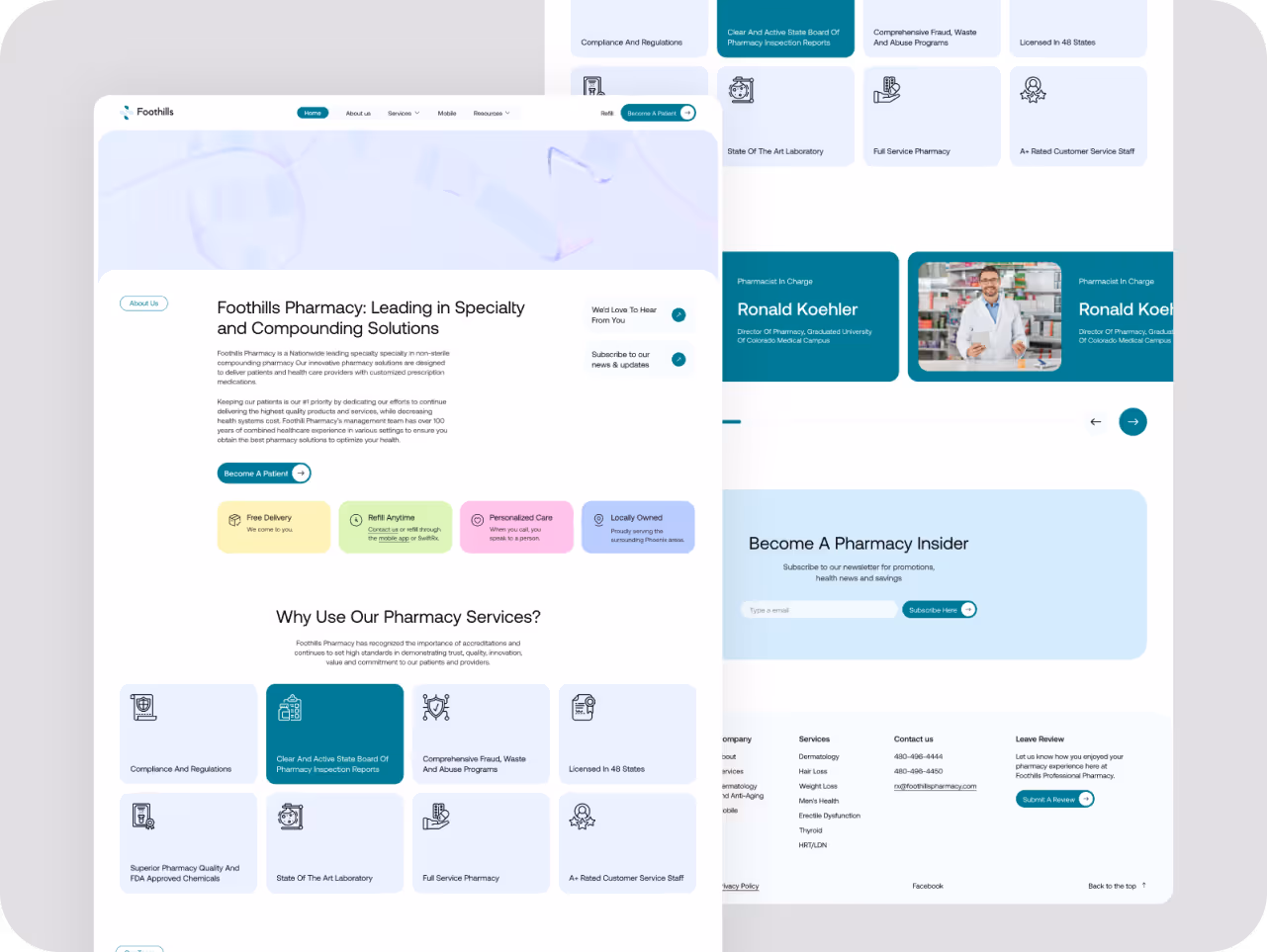Pharmacy website homepage showcasing sections on specialty services, benefits like free delivery and personalized care, and staff introductions. The layout combines relevant info and inviting visuals, with a newsletter sign-up and contact details at the bottom.