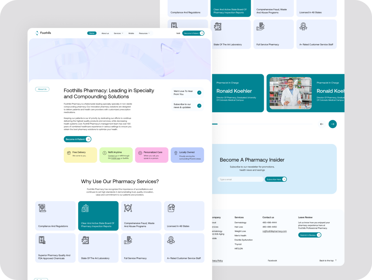 Pharmacy website homepage showcasing sections on specialty services, benefits like free delivery and personalized care, and staff introductions. The layout combines relevant info and inviting visuals, with a newsletter sign-up and contact details at the bottom.