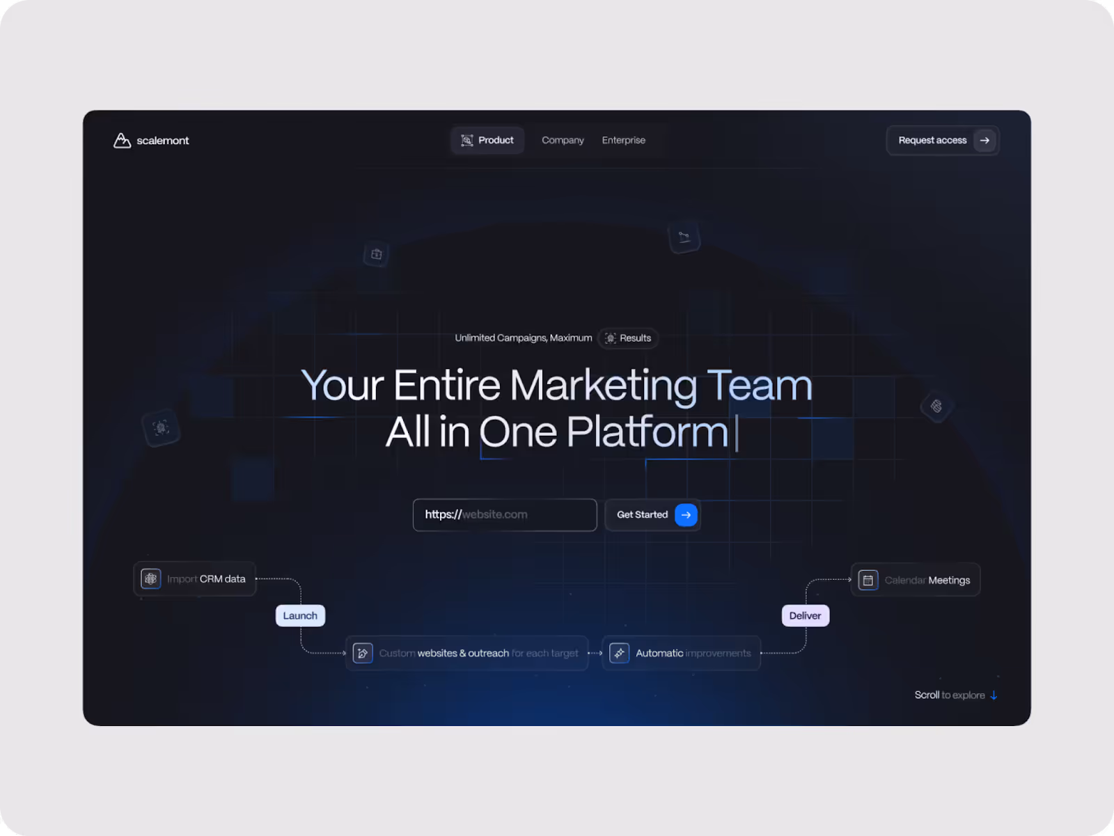 Dark-themed webpage titled "Your Entire Marketing Team All in One Platform." It features options like "Launch" and "Deliver" with a sleek, techy look.
