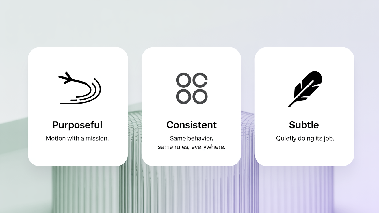 Three panels illustrate concepts: an airplane for "Purposeful" with "Motion with a mission"; circles for "Consistent" with "Same behavior, same rules, everywhere"; a feather for "Subtle" with "Quietly doing its job." Light background.
