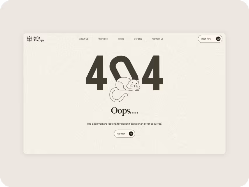 404 error page with a playful tone. Large "404" text, a cute cat illustration lying on the middle zero. Navigation links and "Go back" button are visible.