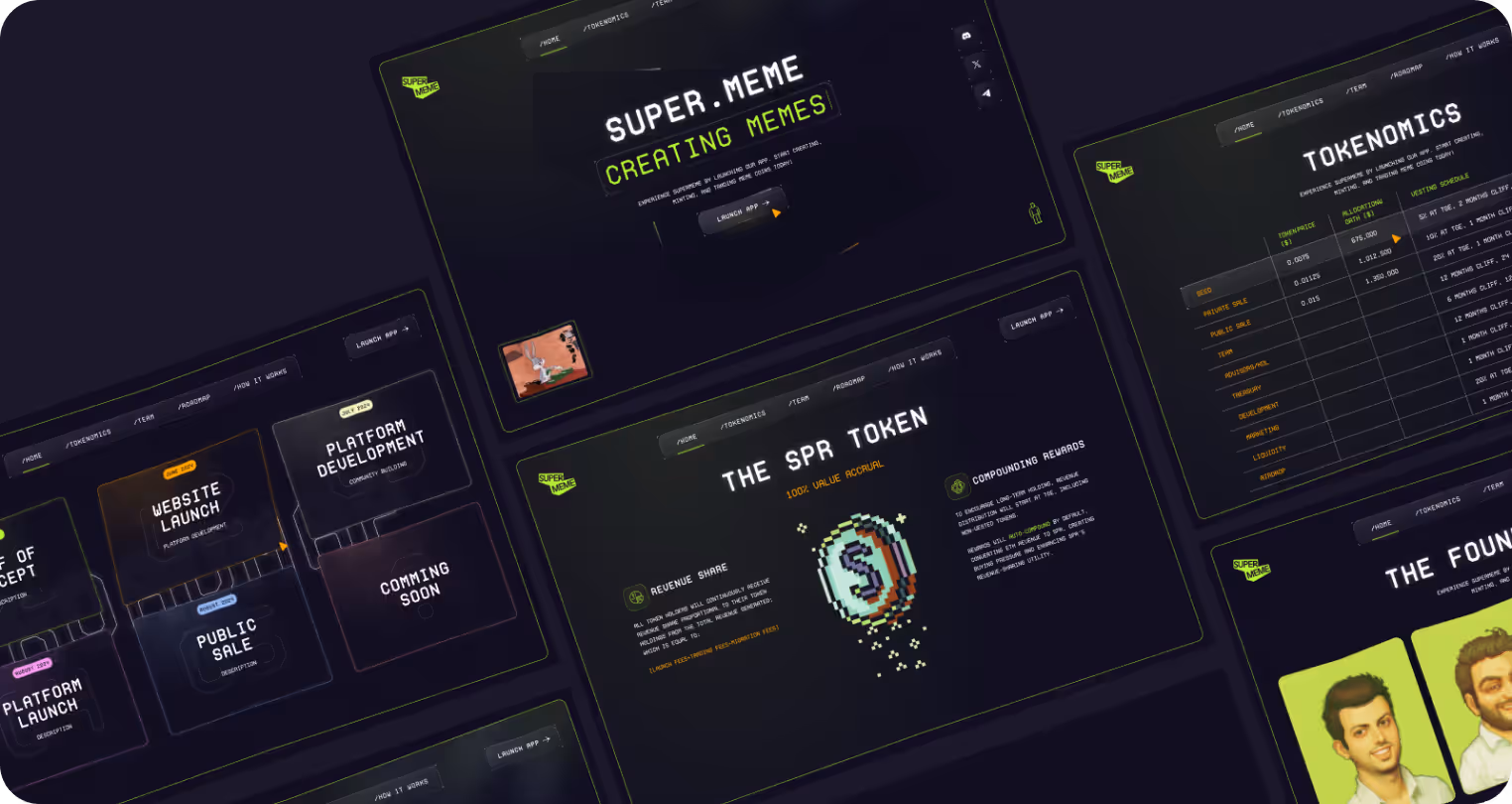 Digital screens showcase a meme creation platform, featuring vibrant headings like "Super.Meme," "Tokenomics," and a roadmap with upcoming projects. 