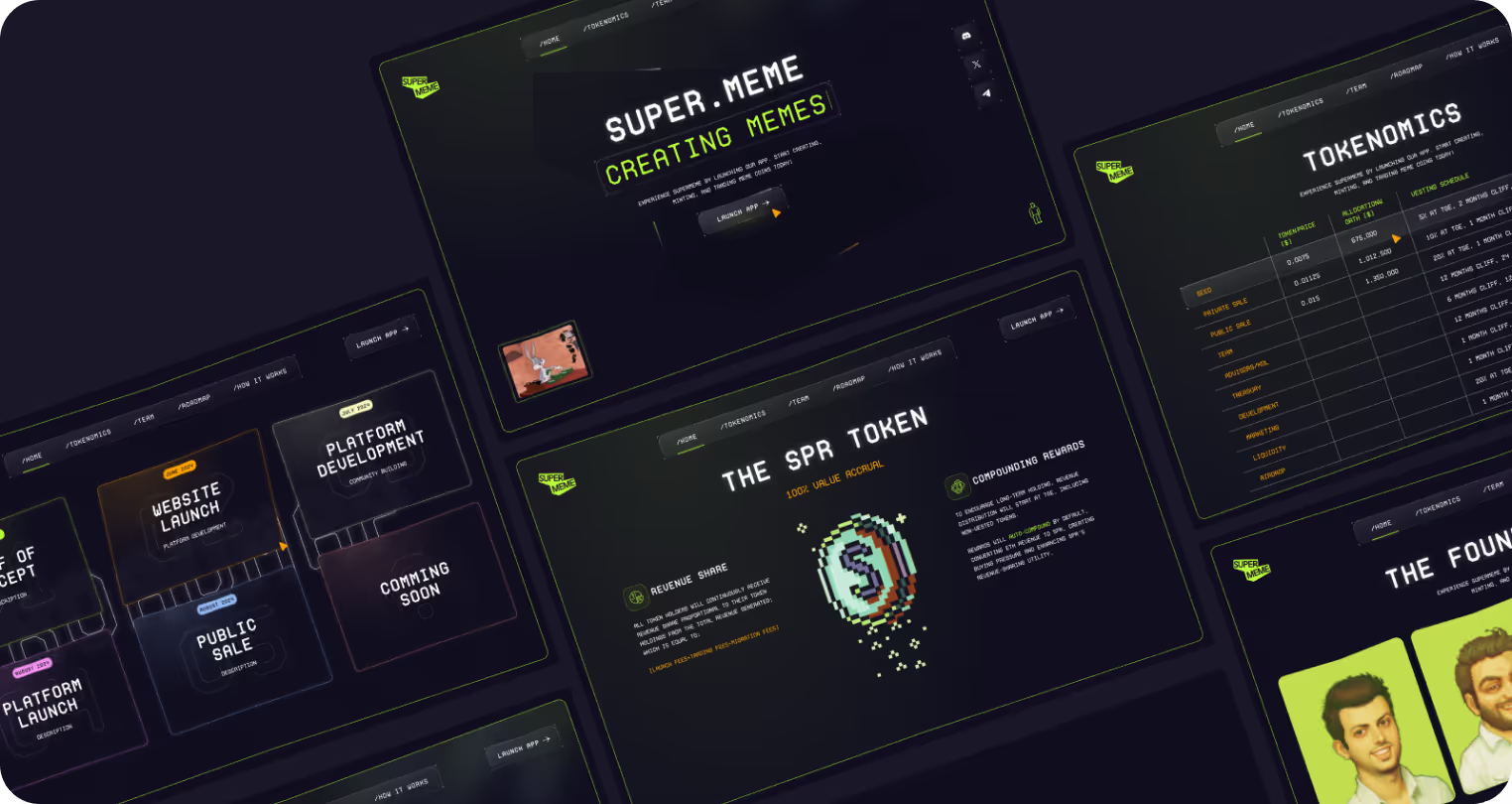Digital screens showcase a meme creation platform, featuring vibrant headings like "Super.Meme," "Tokenomics," and a roadmap with upcoming projects. 