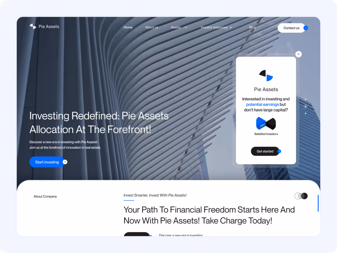 A modern website homepage for Pie Assets featuring sleek architecture. Text emphasizes innovative investing and financial freedom. A call-to-action button reads 'Start investing' alongside a prompt about potential earnings.