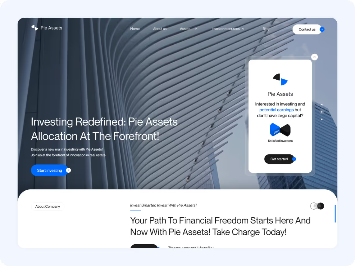 A modern website homepage for Pie Assets featuring sleek architecture. Text emphasizes innovative investing and financial freedom. A call-to-action button reads 'Start investing' alongside a prompt about potential earnings.