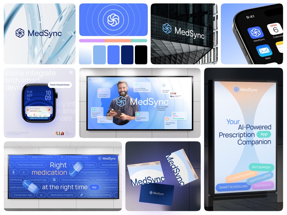 Collage featuring MedSync branding: logos, app interfaces on digital devices, promotional signs with blue tones, emphasizing AI-assisted healthcare.