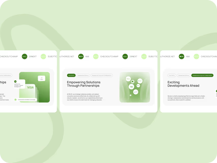 Three overlapping web pages showcase collaborator logos and text on "Empowering Solutions" and "Exciting Developments," set on a soft green background.