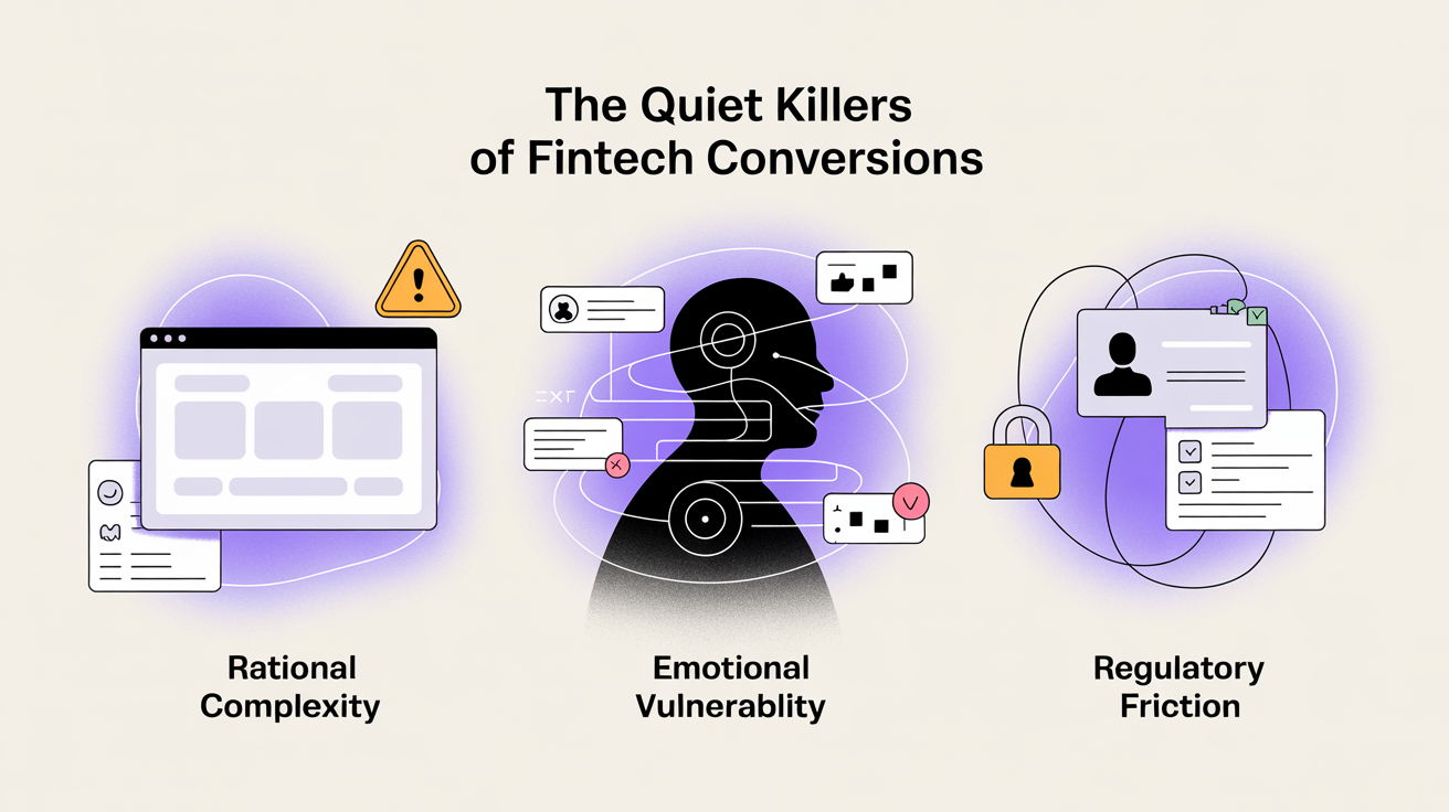 Rational Complexity with a browser and warning icon, Emotional Vulnerability with a silhouetted person and data bubbles, and Regulatory Friction with forms and a lock.