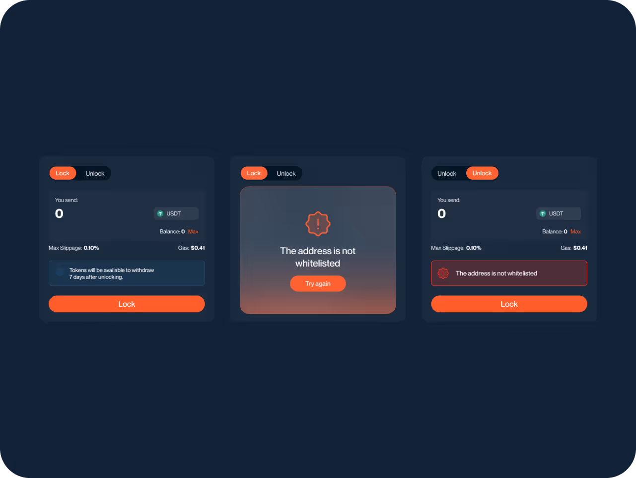 A finger touches a glowing dDark-themed UI with three panels. Left and right show a crypto transaction interface with "Lock" buttons, middle indicates "Address not whitelisted" with a retry option.igital interface with futuristic icons and holographic elements, including an envelope symbol. The scene conveys a high-tech, immersive atmosphere.
