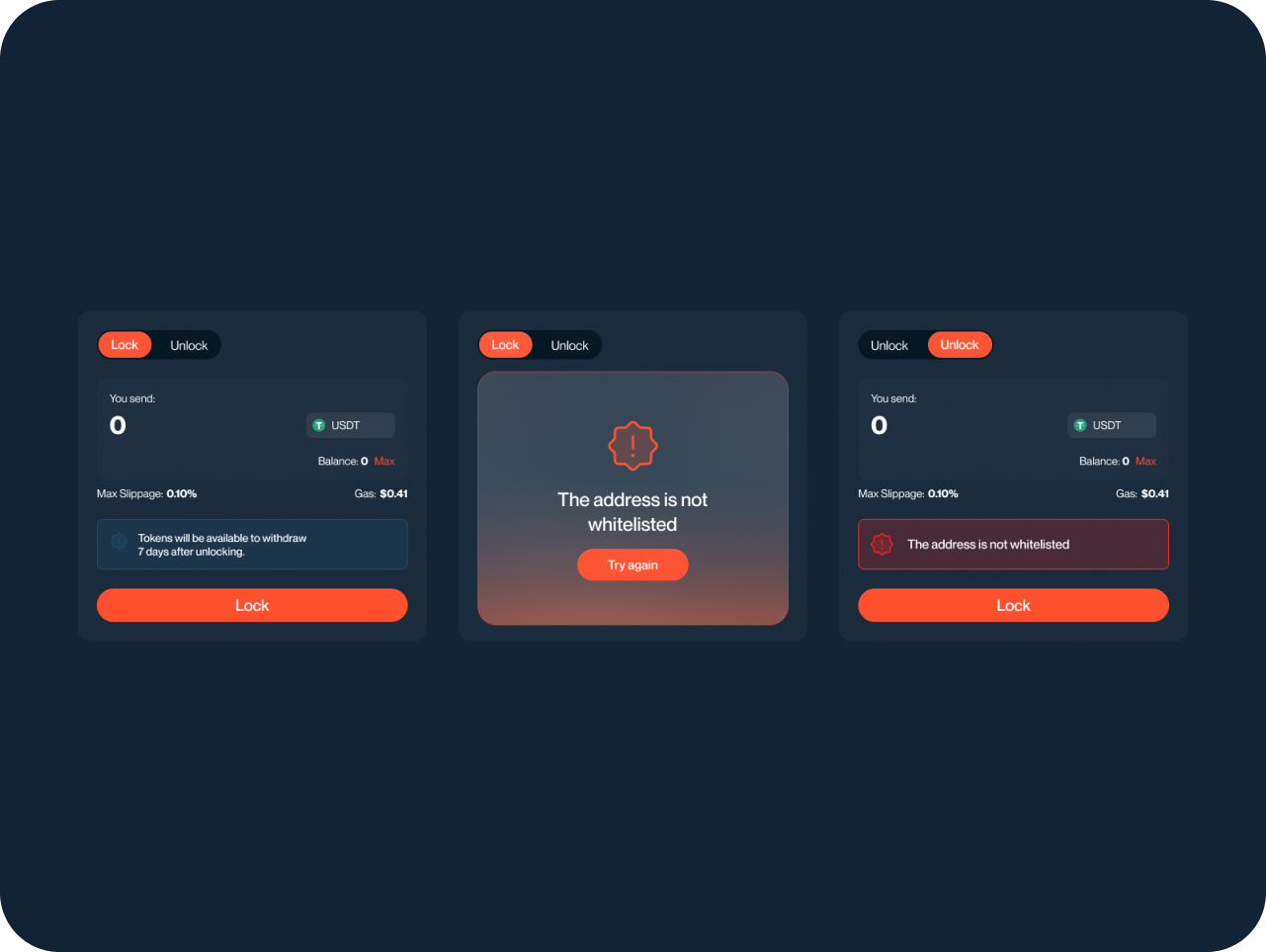 A finger touches a glowing dDark-themed UI with three panels. Left and right show a crypto transaction interface with "Lock" buttons, middle indicates "Address not whitelisted" with a retry option.igital interface with futuristic icons and holographic elements, including an envelope symbol. The scene conveys a high-tech, immersive atmosphere.