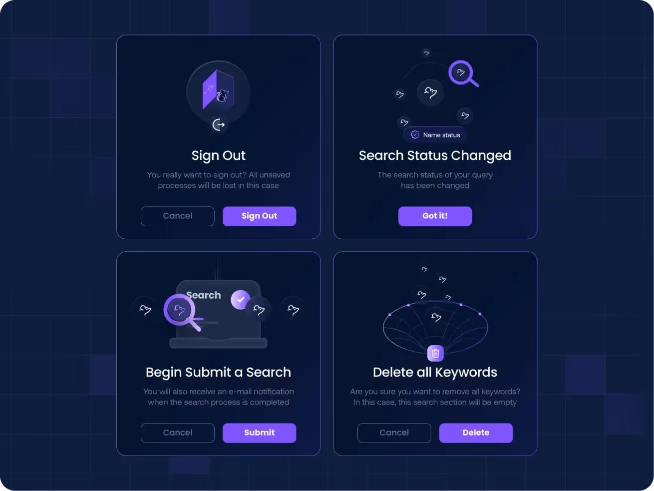 Four dark-themed digital cards with purple buttons. Each has a cancel and action button.