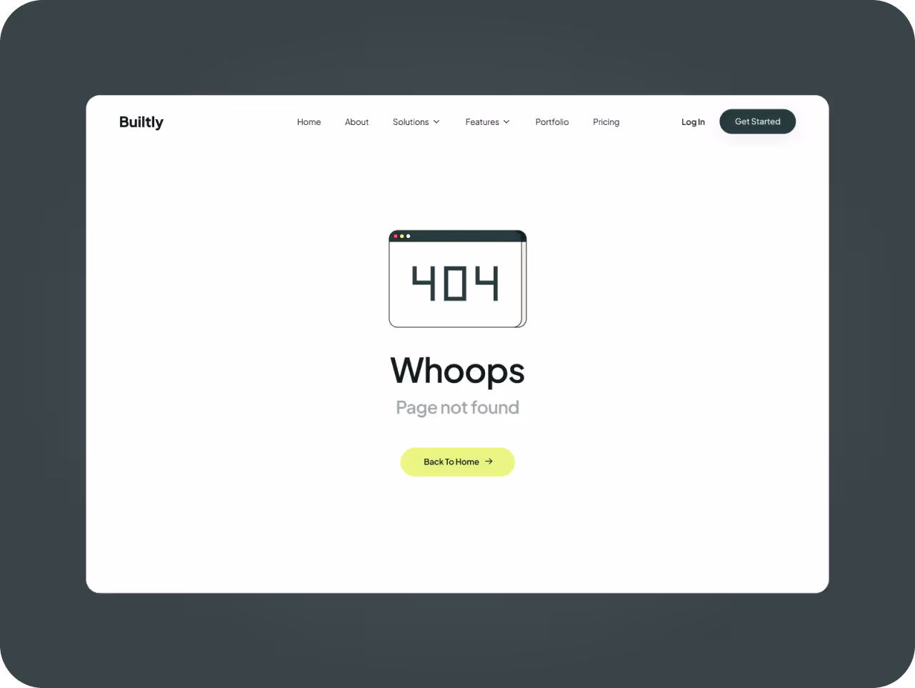 Website with a 404 error message, showing 'Whoops, page not found' on a minimalist design. Includes a 'Back to Home' button.